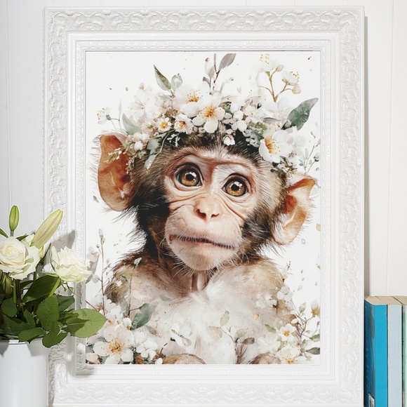 Watercolor Floral Monkey Portrait Wall Art Print Unframed - Playful Jungle Charm - Picture 6 of 6